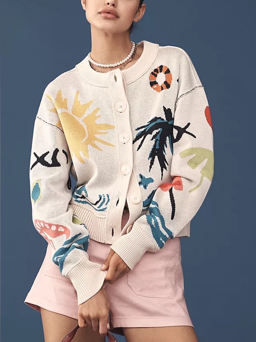 Maeve Crew Neck Vacation Resortwear Tropical Motif Knit Cardigan Sweater Small